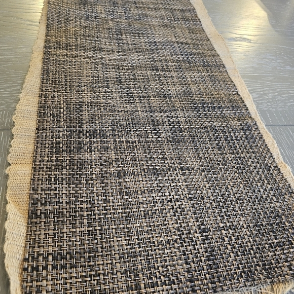 VINTAGE 2 piece Runner Tan Burlap w Fringe & Brown Weave. 72"x14" - Picture 3 of 10